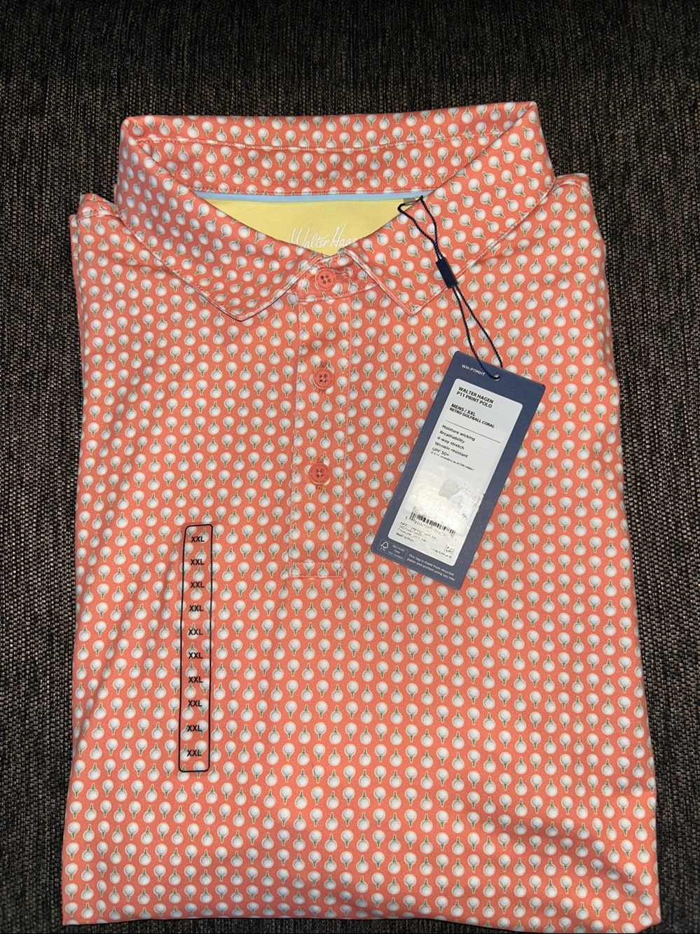 NWT Walter Hagen Coral Polo with Tee & Golf Ball Pattern
Size=> XXL